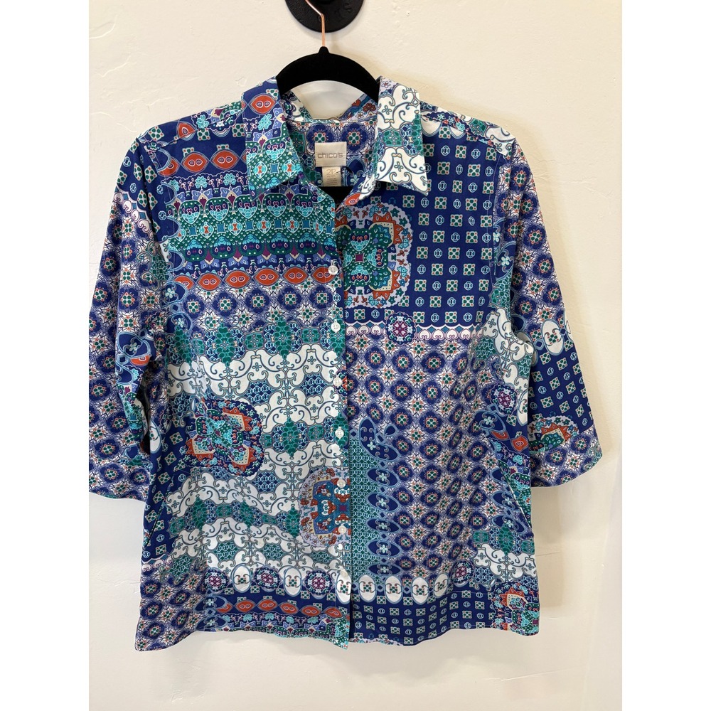Chicos No Iron Button Down Shirt 2P Petite Blue Green Paisley Patchwork Top